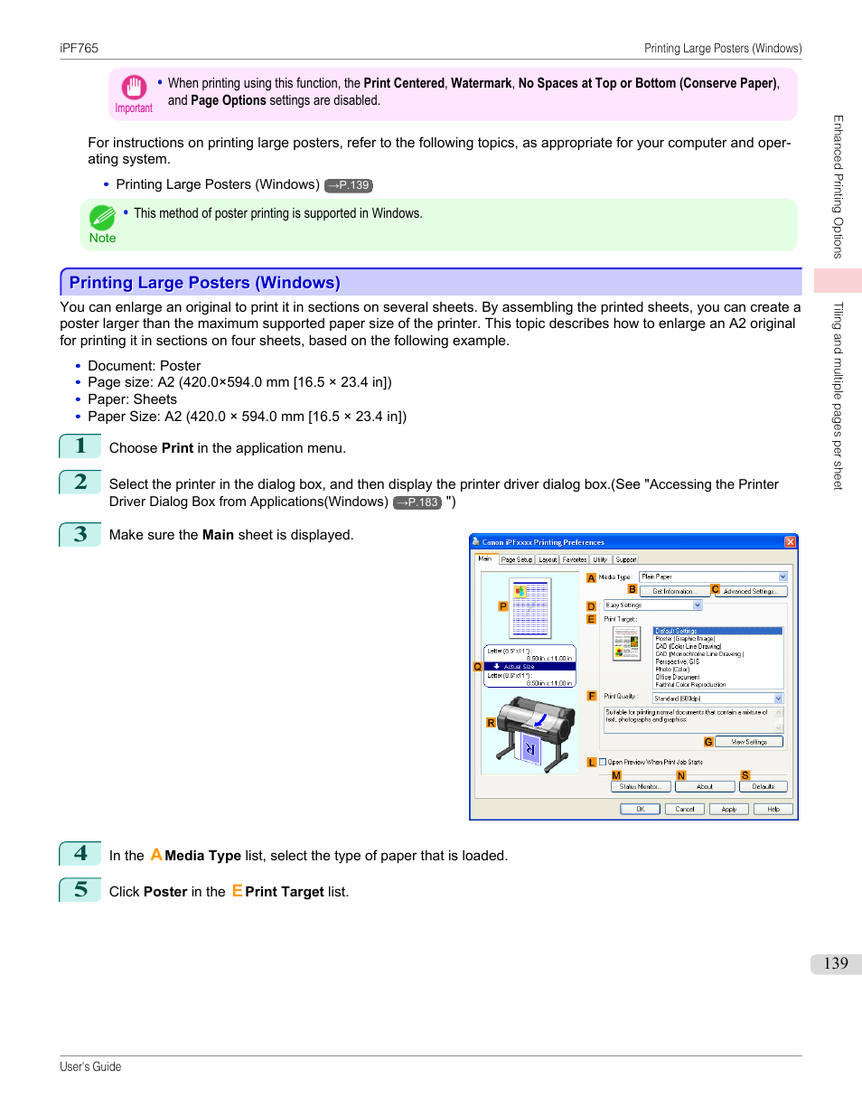 Printing large posters (windows) | Canon imagePROGRAF iPF765 MFP M40 User Manual | Page 139 / 740