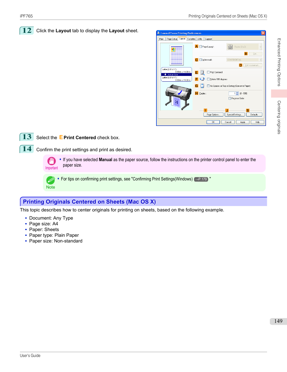 Printing originals centered on sheets (mac os x), P.149 | Canon imagePROGRAF iPF765 MFP M40 User Manual | Page 149 / 740