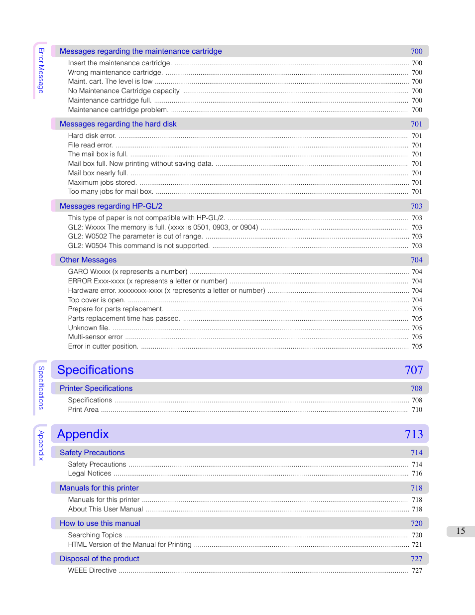 Specifications 707, Appendix 713 | Canon imagePROGRAF iPF765 MFP M40 User Manual | Page 15 / 740