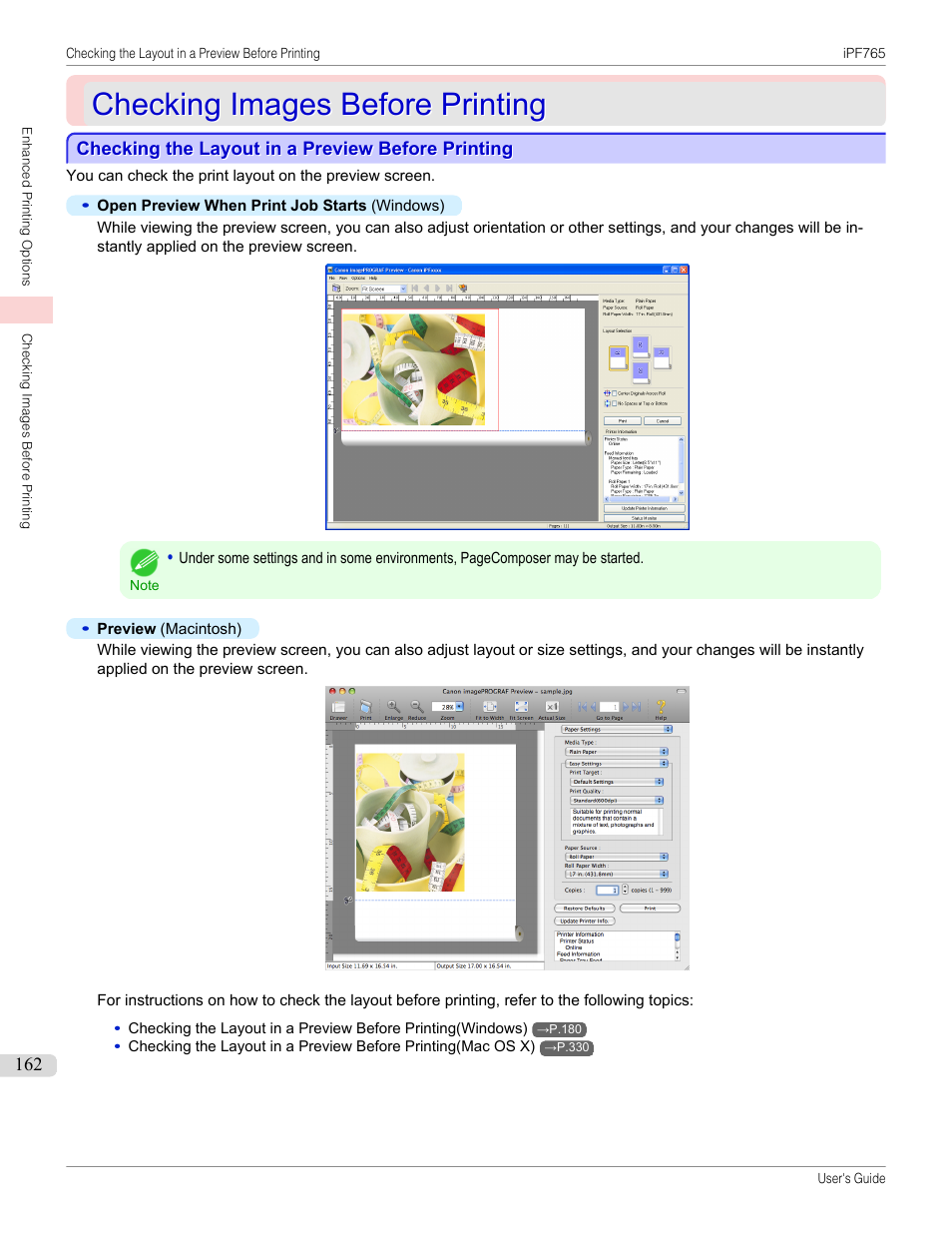 Checking images before printing, Checking the layout in a preview before printing | Canon imagePROGRAF iPF765 MFP M40 User Manual | Page 162 / 740