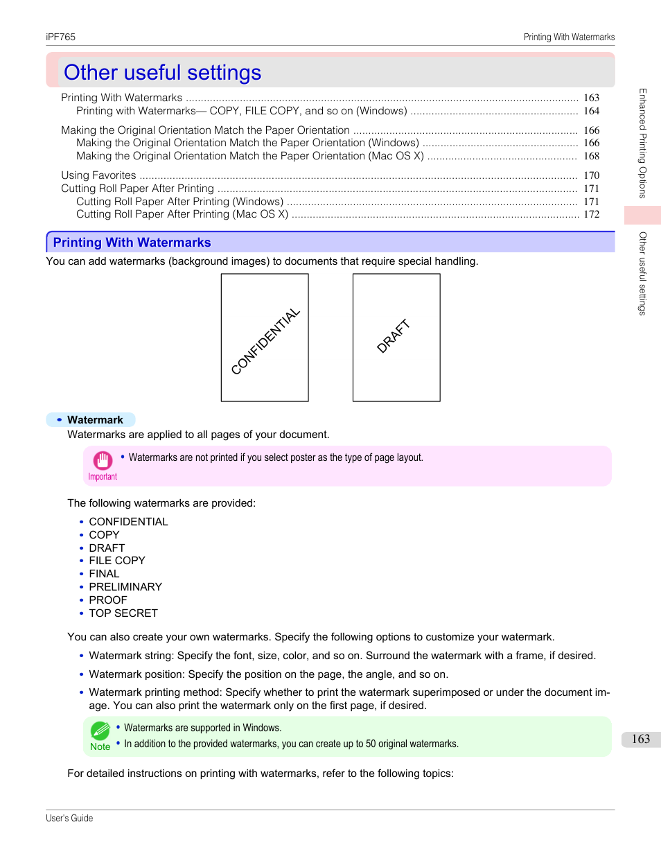 Other useful settings, Printing with watermarks | Canon imagePROGRAF iPF765 MFP M40 User Manual | Page 163 / 740