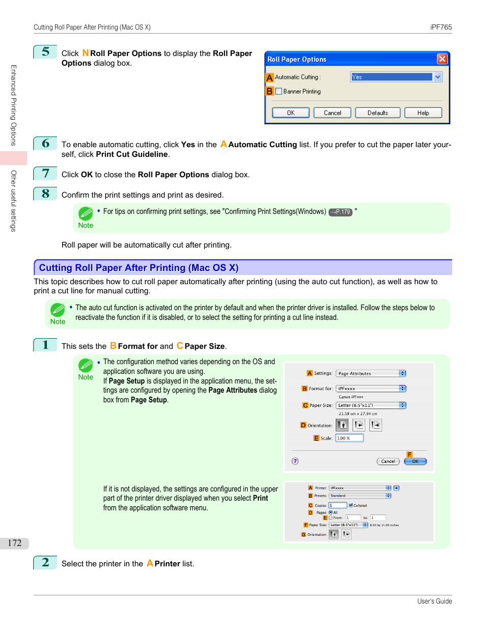 Cutting roll paper after printing (mac os x), P.172 | Canon imagePROGRAF iPF765 MFP M40 User Manual | Page 172 / 740