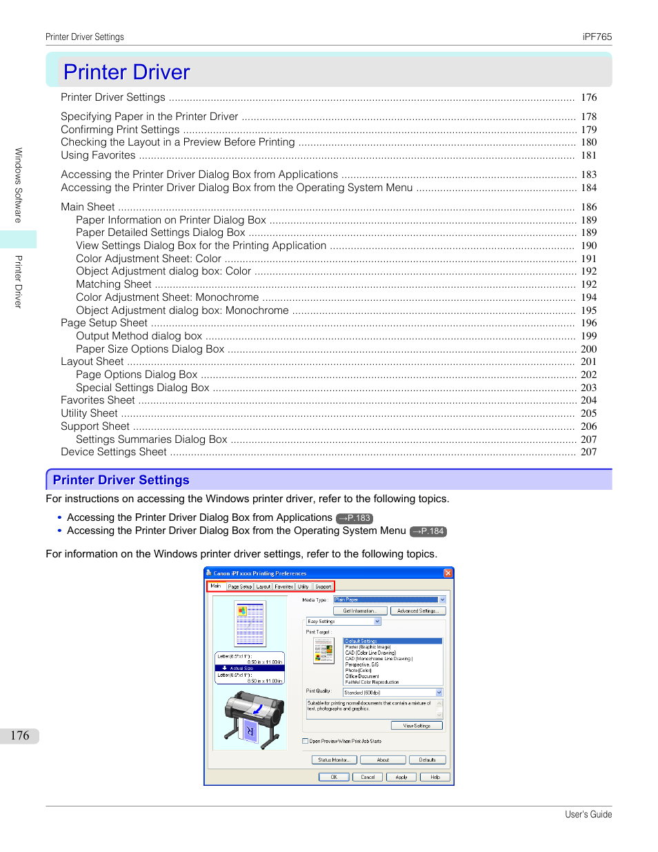 Printer driver, Printer driver settings, Printer driver settings(windows) | P.176 | Canon imagePROGRAF iPF765 MFP M40 User Manual | Page 176 / 740