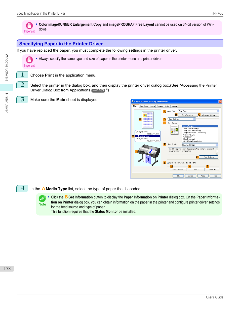 Specifying paper in the printer driver, Specifying paper in the printer driver(windows), P.178 | Canon imagePROGRAF iPF765 MFP M40 User Manual | Page 178 / 740