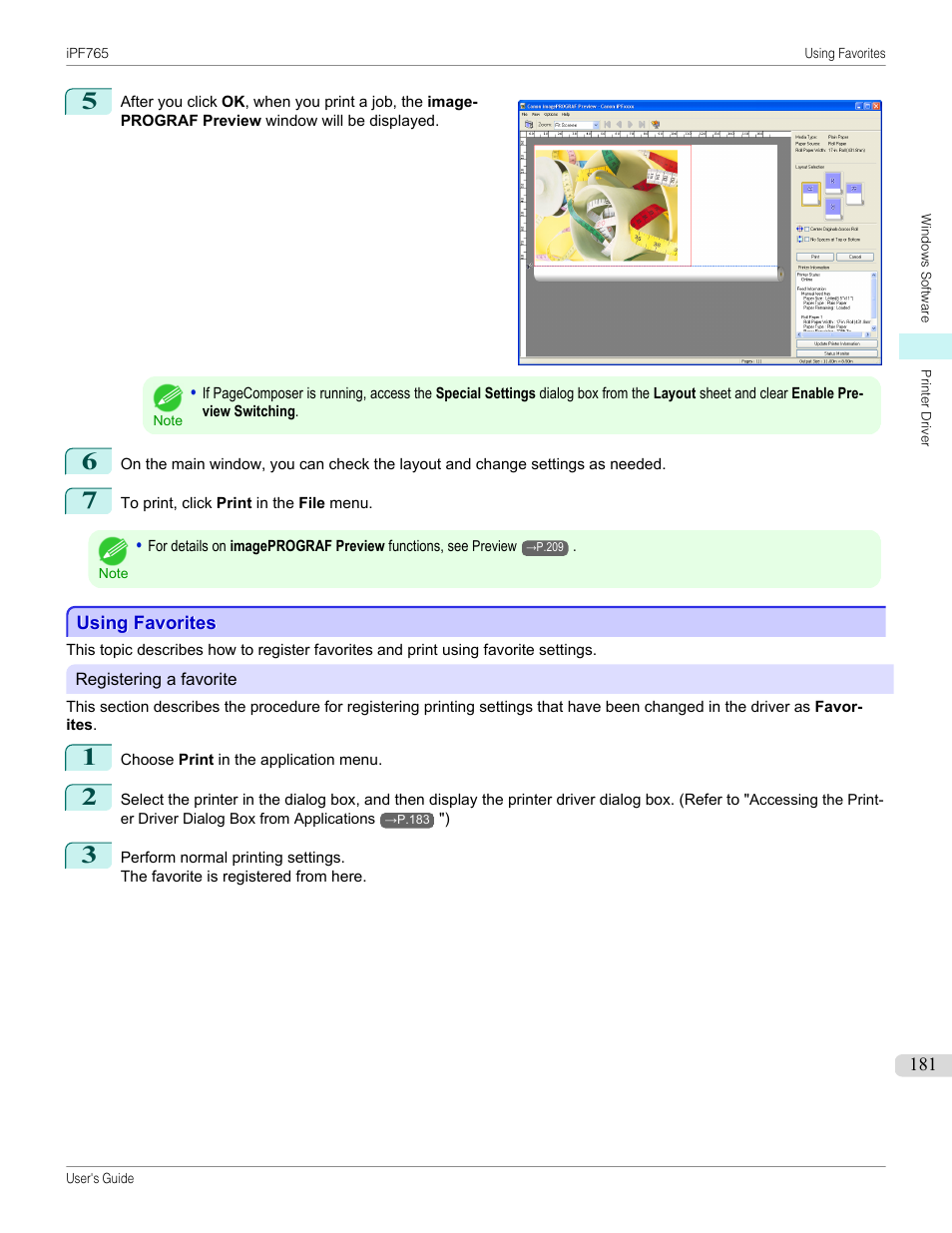 Using favorites, Using favorites(windows), P.181 | Canon imagePROGRAF iPF765 MFP M40 User Manual | Page 181 / 740