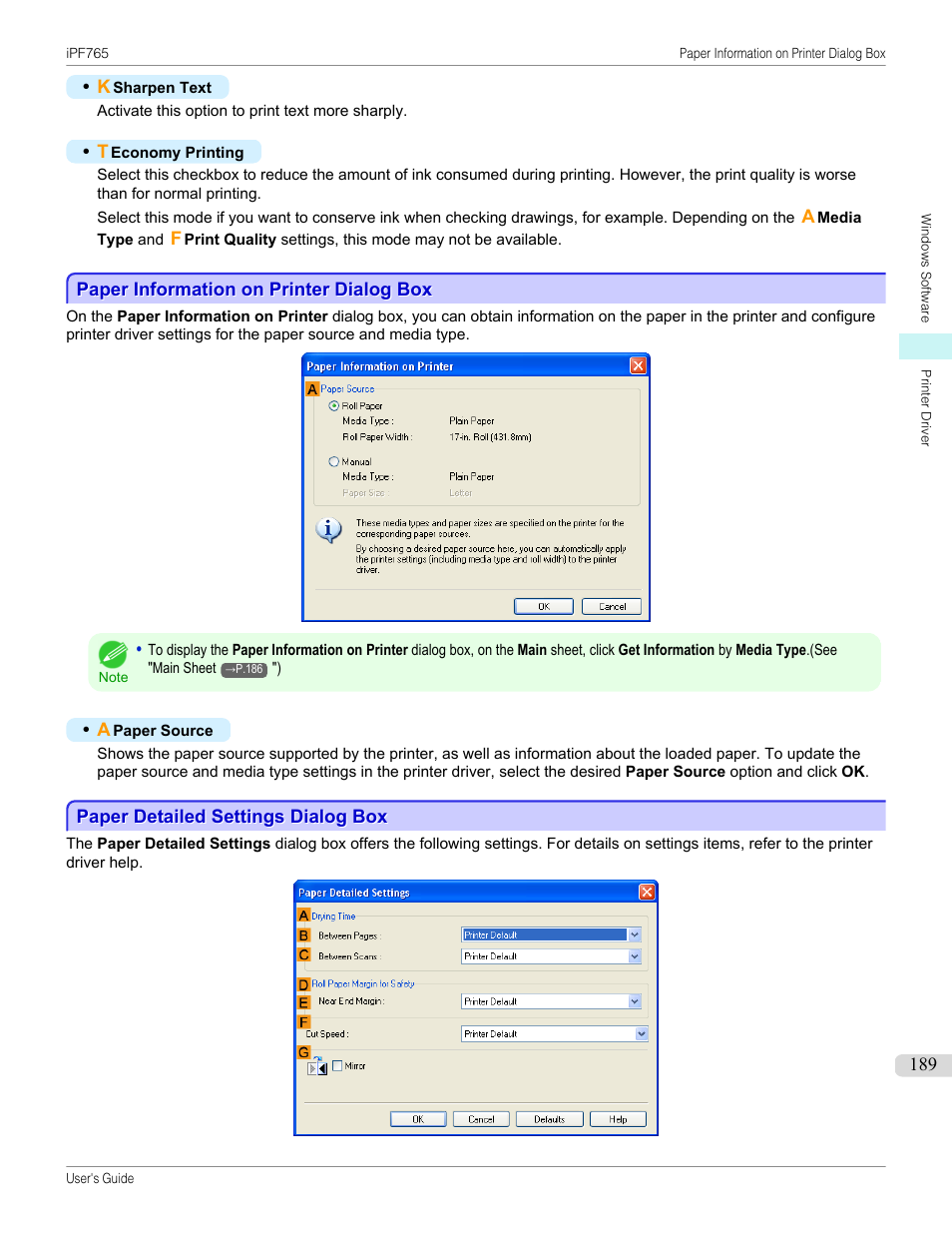 Paper information on printer dialog box, Paper detailed settings dialog box, P.189 | Canon imagePROGRAF iPF765 MFP M40 User Manual | Page 189 / 740