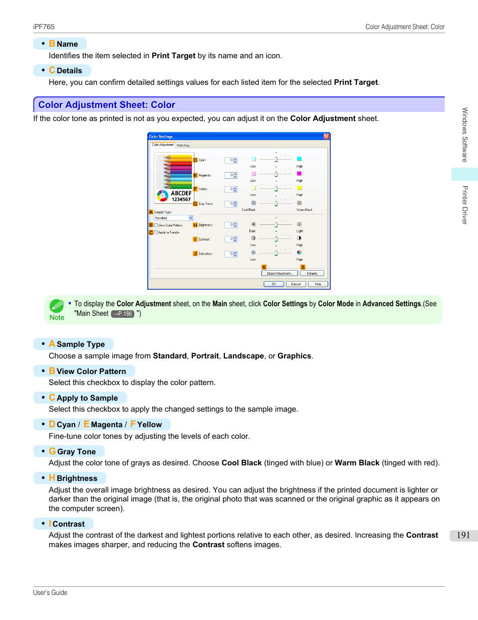 Color adjustment sheet: color, P.191 | Canon imagePROGRAF iPF765 MFP M40 User Manual | Page 191 / 740