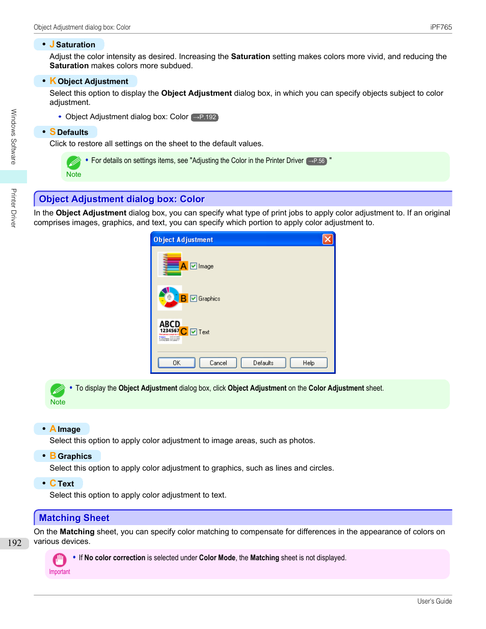 Object adjustment dialog box: color, Matching sheet, Object adjustment dialog box: color matching sheet | P.192 | Canon imagePROGRAF iPF765 MFP M40 User Manual | Page 192 / 740