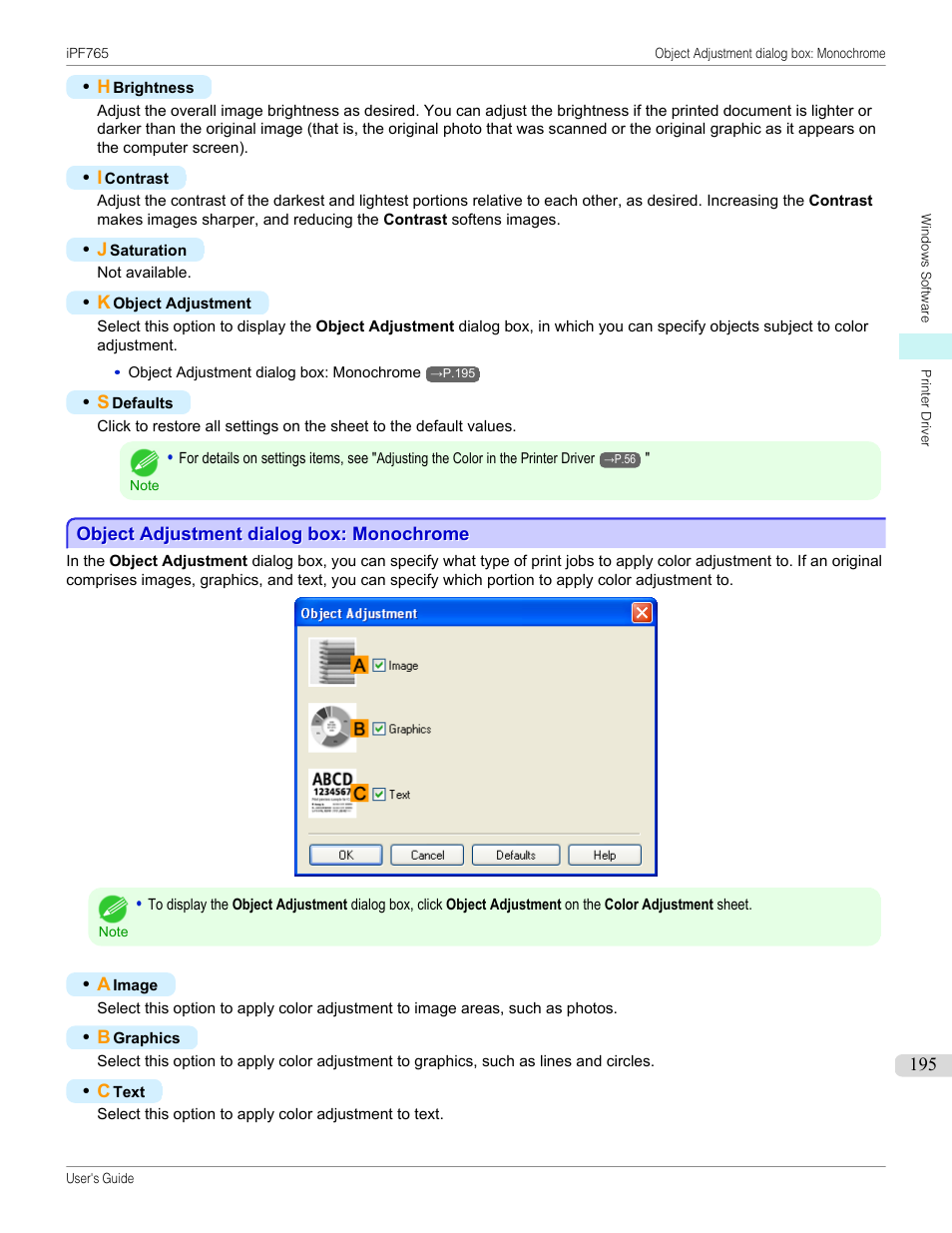 Object adjustment dialog box: monochrome | Canon imagePROGRAF iPF765 MFP M40 User Manual | Page 195 / 740
