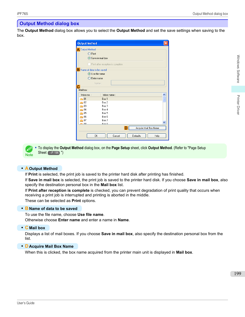 Output method dialog box, P.199 | Canon imagePROGRAF iPF765 MFP M40 User Manual | Page 199 / 740
