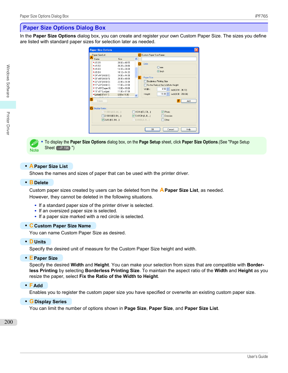 Paper size options dialog box, P.200 | Canon imagePROGRAF iPF765 MFP M40 User Manual | Page 200 / 740