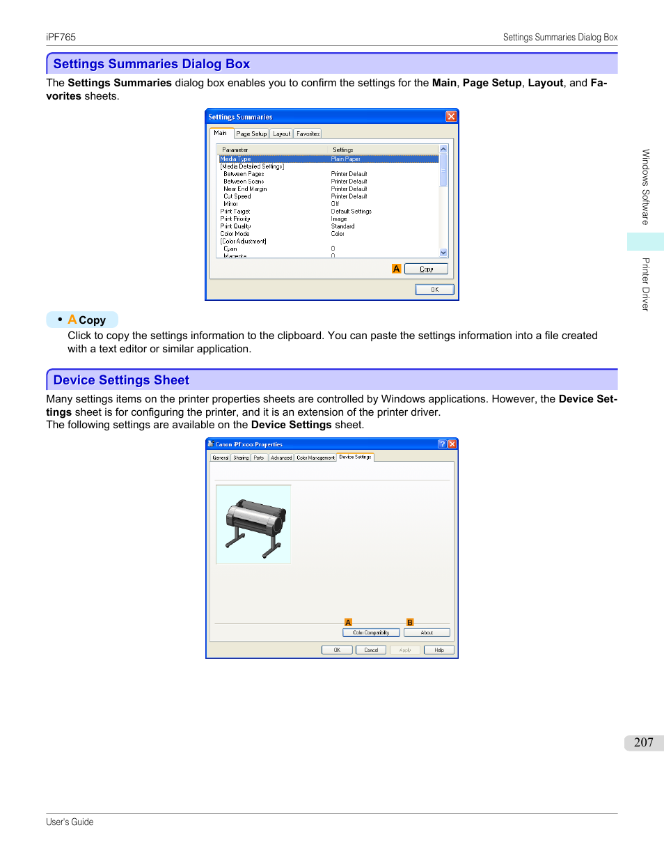 Settings summaries dialog box, Device settings sheet, P.207 | Canon imagePROGRAF iPF765 MFP M40 User Manual | Page 207 / 740