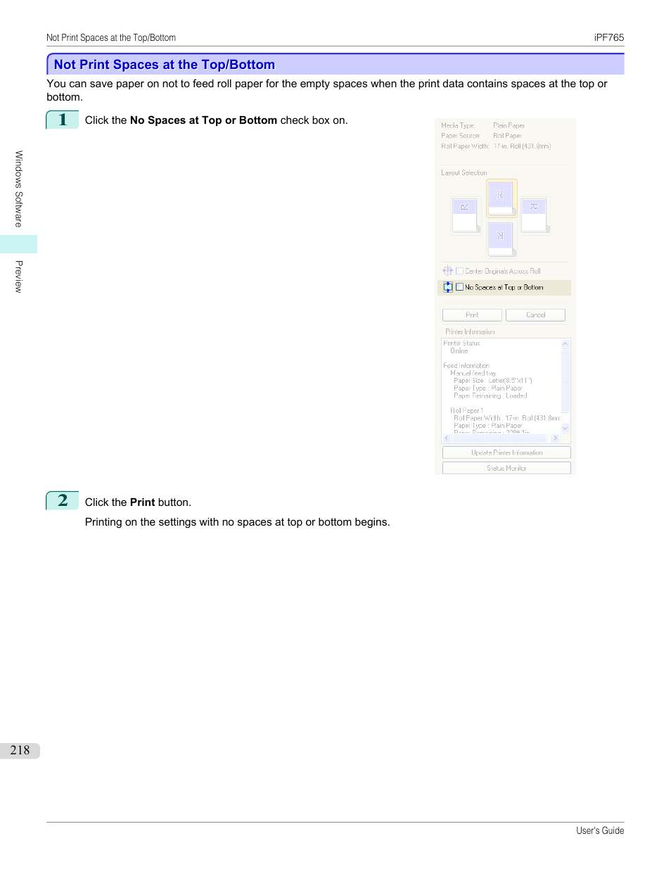 Not print spaces at the top/bottom, See "not print spaces at the top/bottom, P.218 | Canon imagePROGRAF iPF765 MFP M40 User Manual | Page 218 / 740