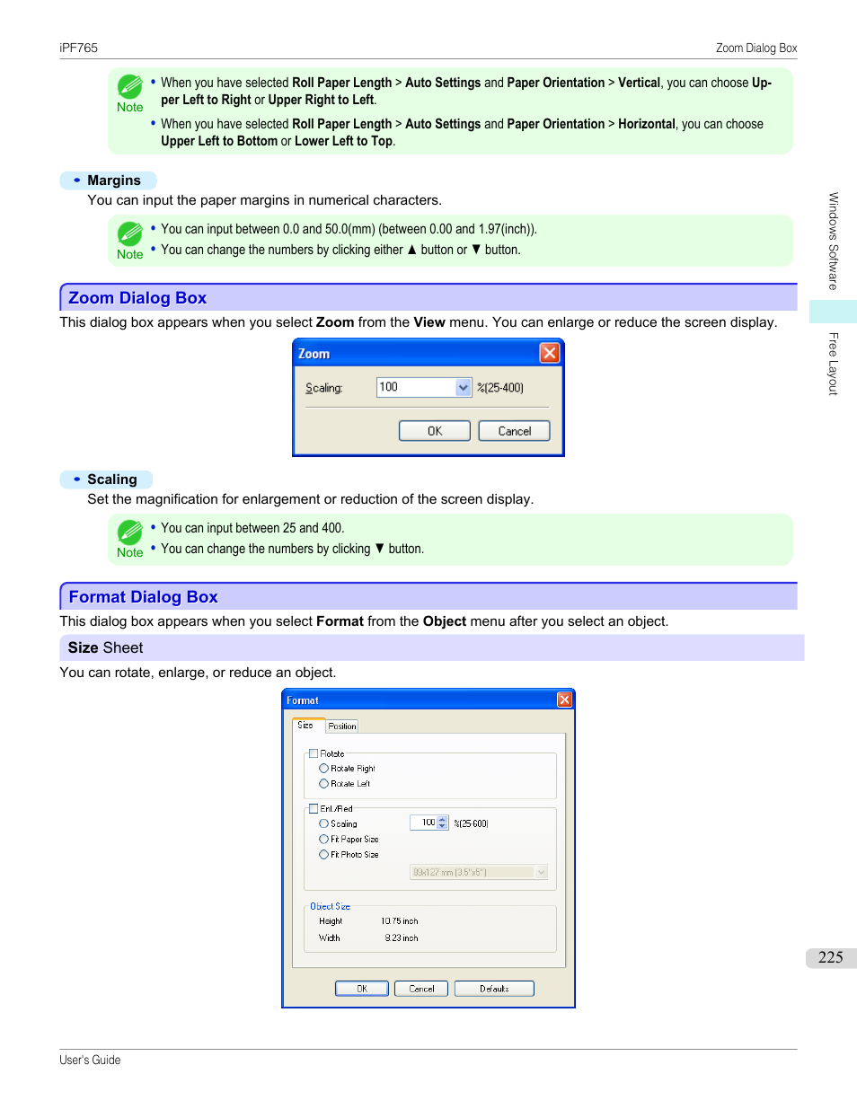 Zoom dialog box, Format dialog box, Zoom dialog box format dialog box | Canon imagePROGRAF iPF765 MFP M40 User Manual | Page 225 / 740