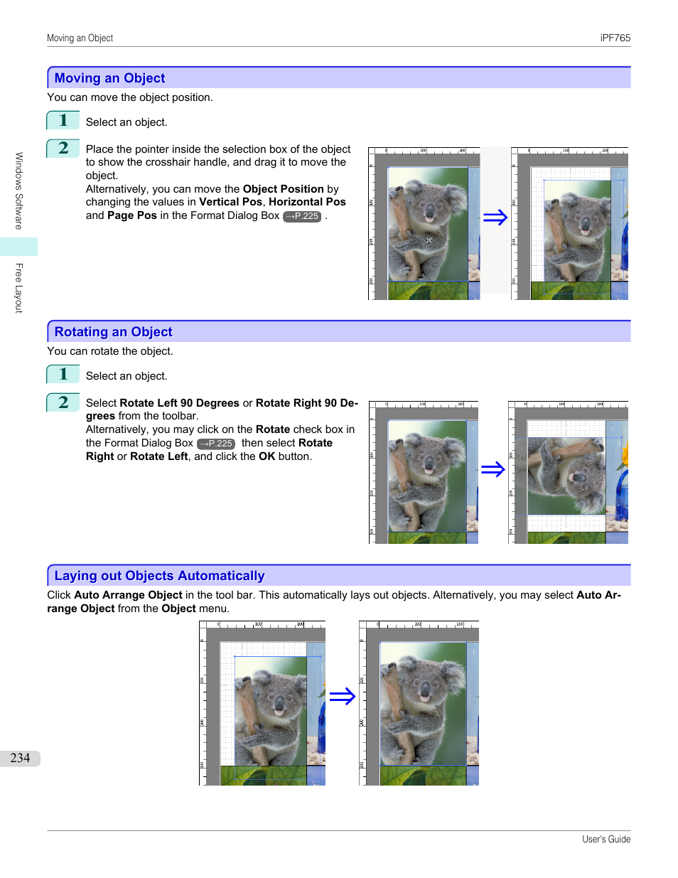 Moving an object, Rotating an object, Laying out objects automatically | Canon imagePROGRAF iPF765 MFP M40 User Manual | Page 234 / 740