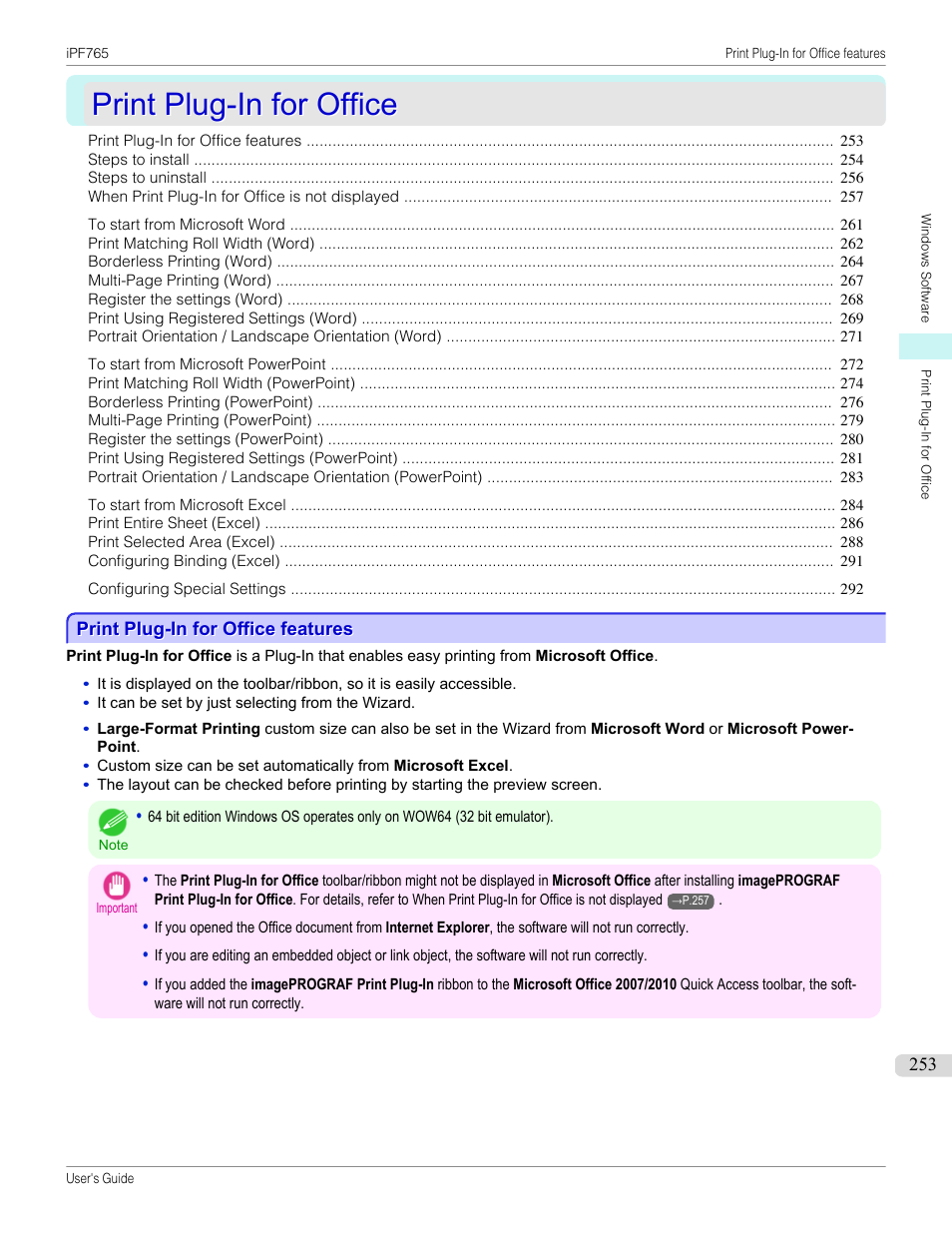 Print plug-in for office, Print plug-in for office features, P.253 | Canon imagePROGRAF iPF765 MFP M40 User Manual | Page 253 / 740