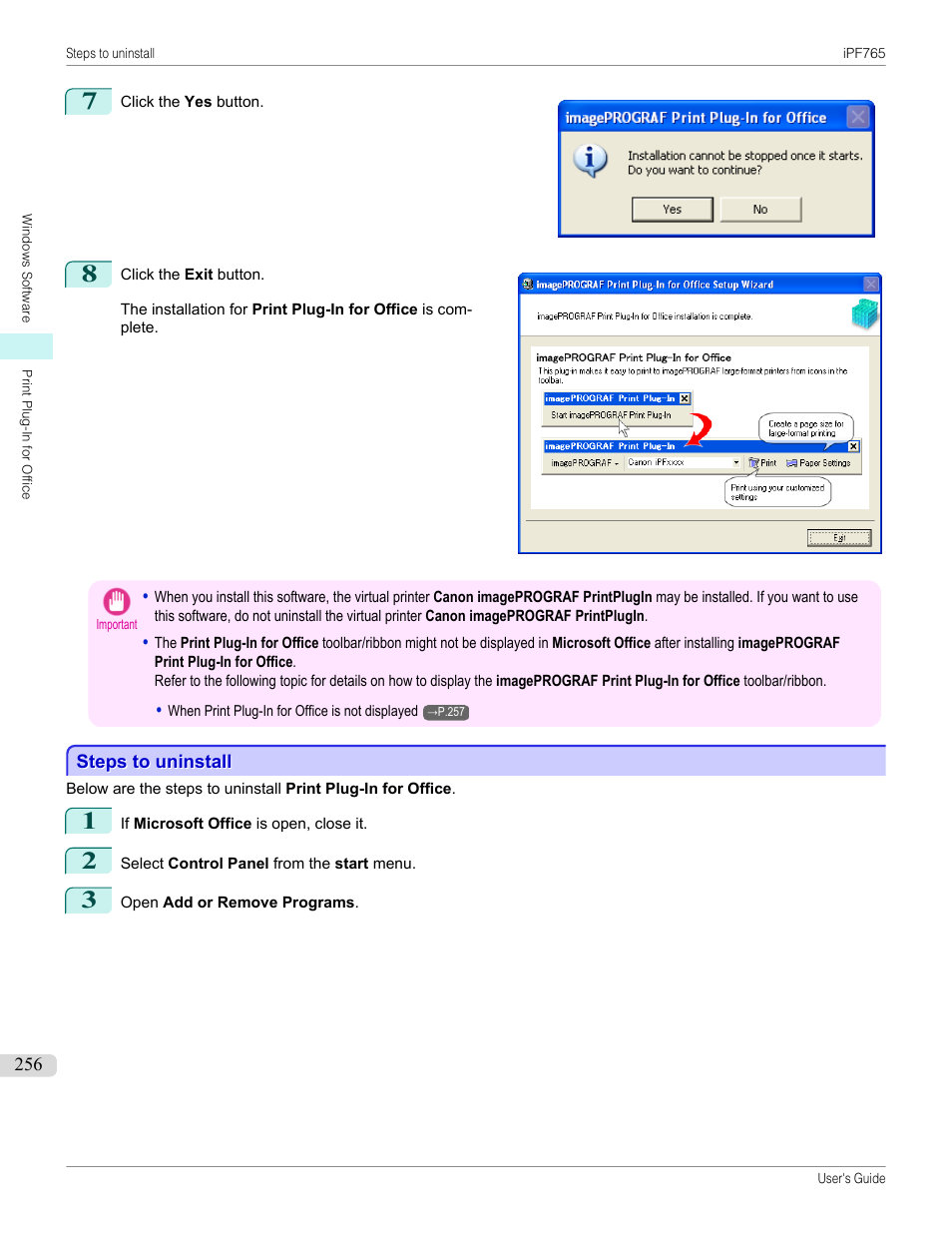 Steps to uninstall | Canon imagePROGRAF iPF765 MFP M40 User Manual | Page 256 / 740