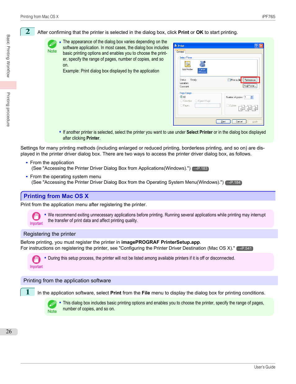Printing from mac os x, P.26 | Canon imagePROGRAF iPF765 MFP M40 User Manual | Page 26 / 740