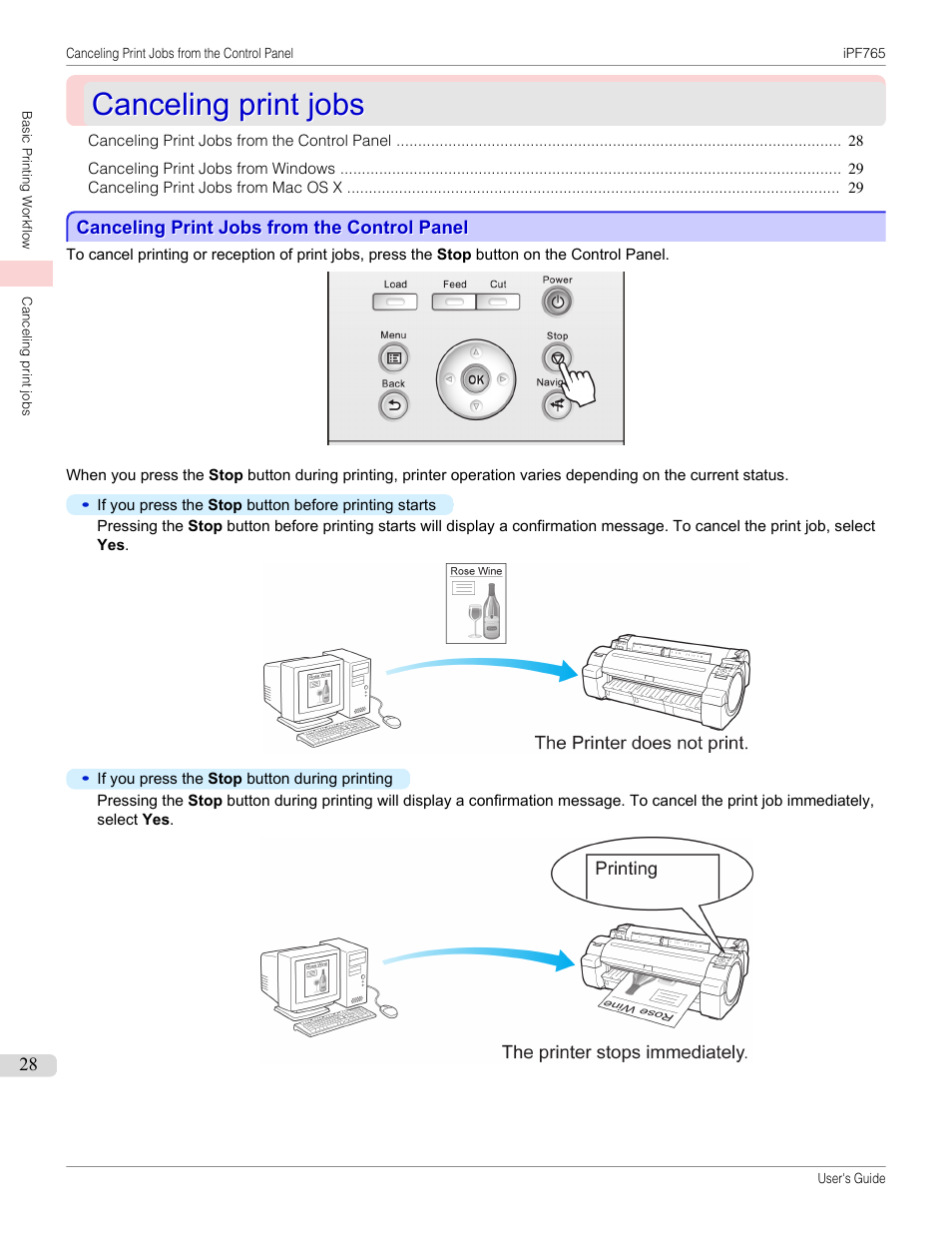 Canceling print jobs, Canceling print jobs from the control panel | Canon imagePROGRAF iPF765 MFP M40 User Manual | Page 28 / 740
