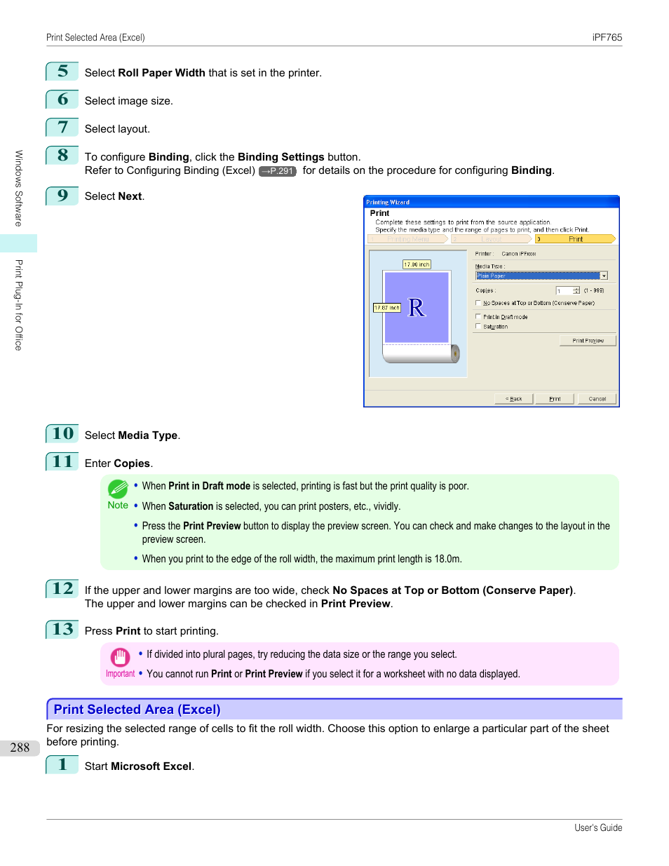 Print selected area (excel) | Canon imagePROGRAF iPF765 MFP M40 User Manual | Page 288 / 740