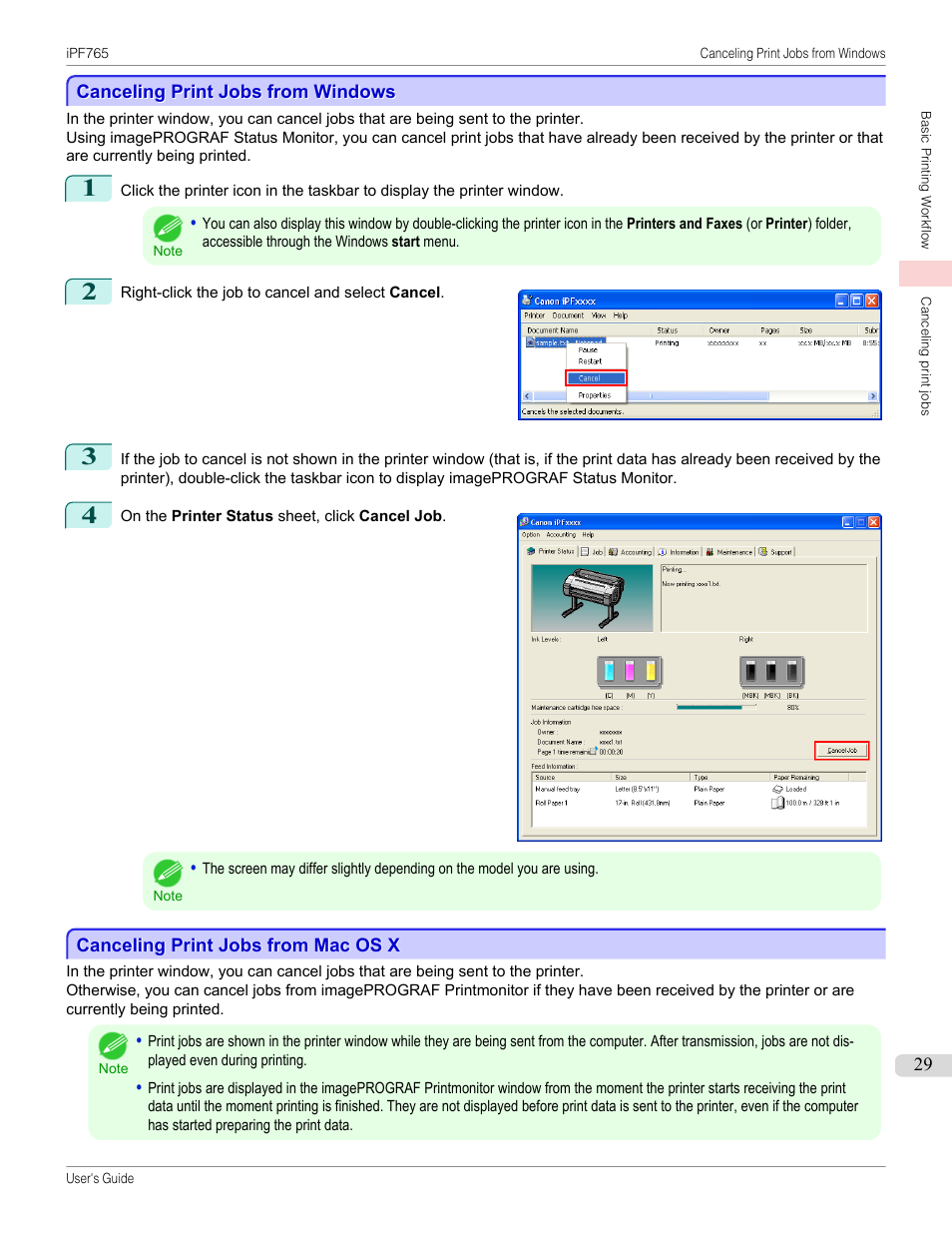 Canceling print jobs from windows, Canceling print jobs from mac os x | Canon imagePROGRAF iPF765 MFP M40 User Manual | Page 29 / 740