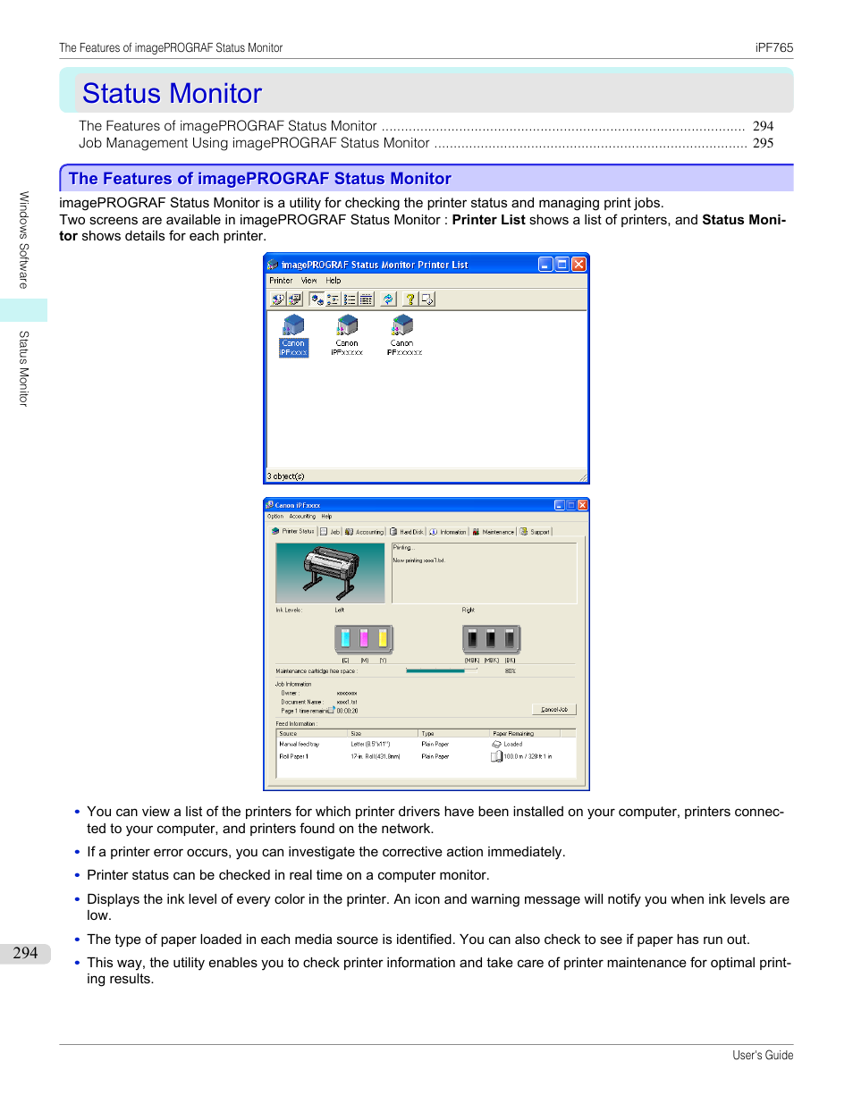 Status monitor, The features of imageprograf status monitor | Canon imagePROGRAF iPF765 MFP M40 User Manual | Page 294 / 740
