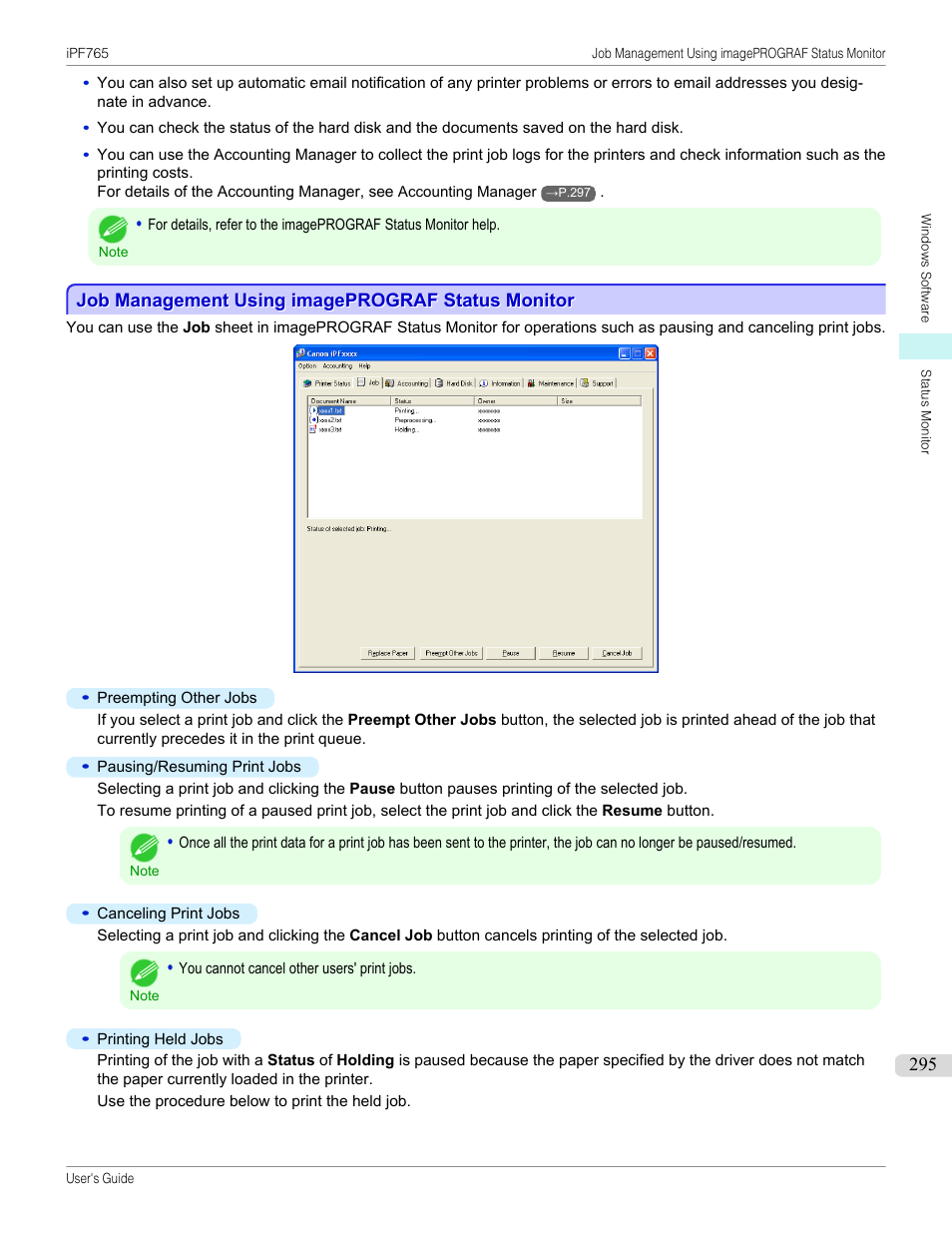 Job management using imageprograf status monitor | Canon imagePROGRAF iPF765 MFP M40 User Manual | Page 295 / 740