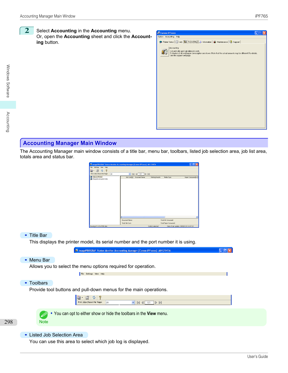 Accounting manager main window | Canon imagePROGRAF iPF765 MFP M40 User Manual | Page 298 / 740