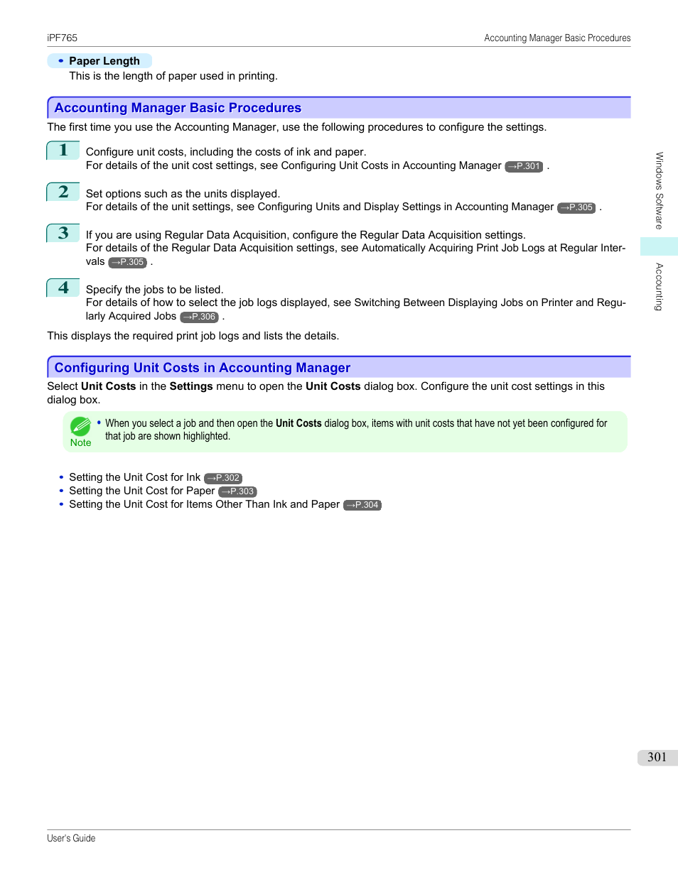 Accounting manager basic procedures, Configuring unit costs in accounting manager | Canon imagePROGRAF iPF765 MFP M40 User Manual | Page 301 / 740