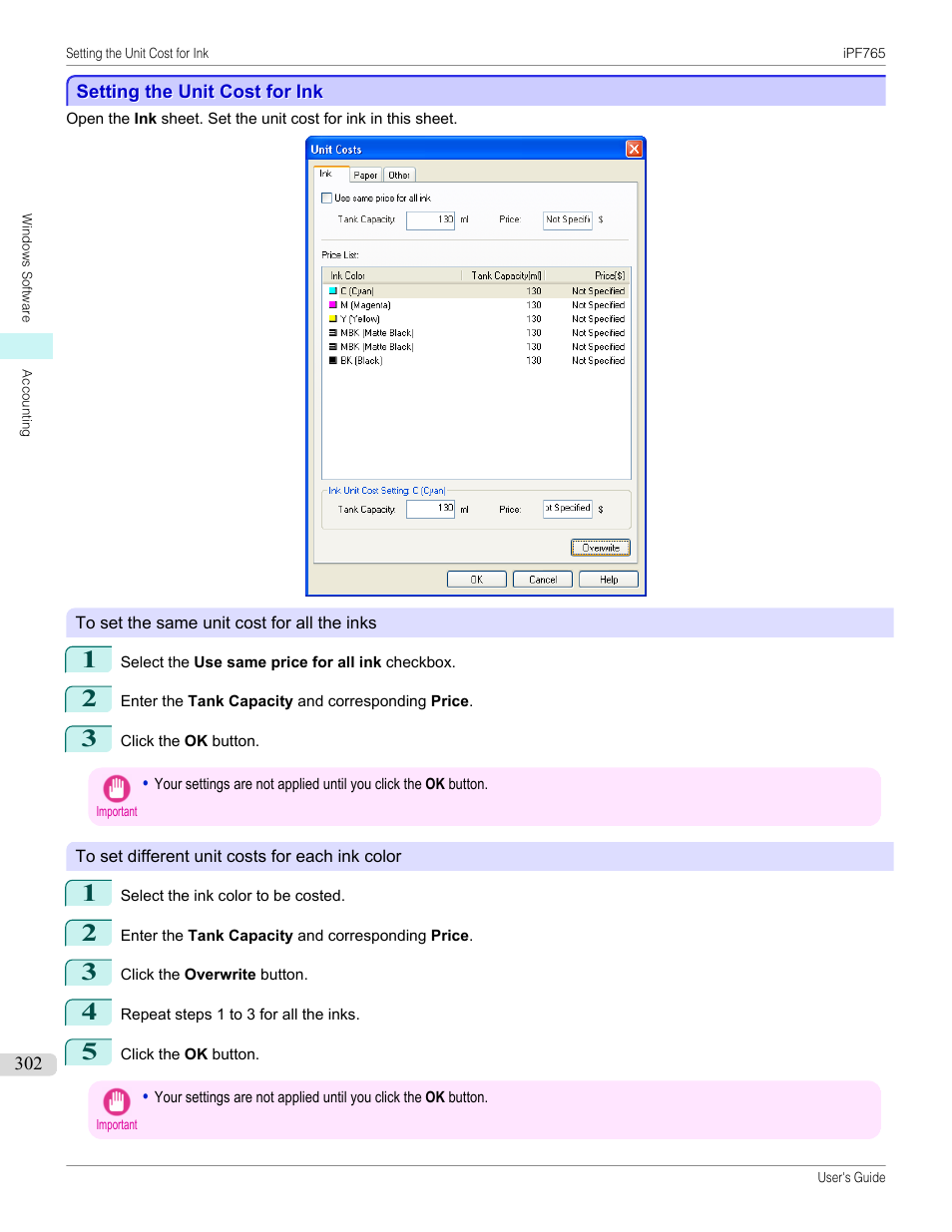 Setting the unit cost for ink, P.302 | Canon imagePROGRAF iPF765 MFP M40 User Manual | Page 302 / 740