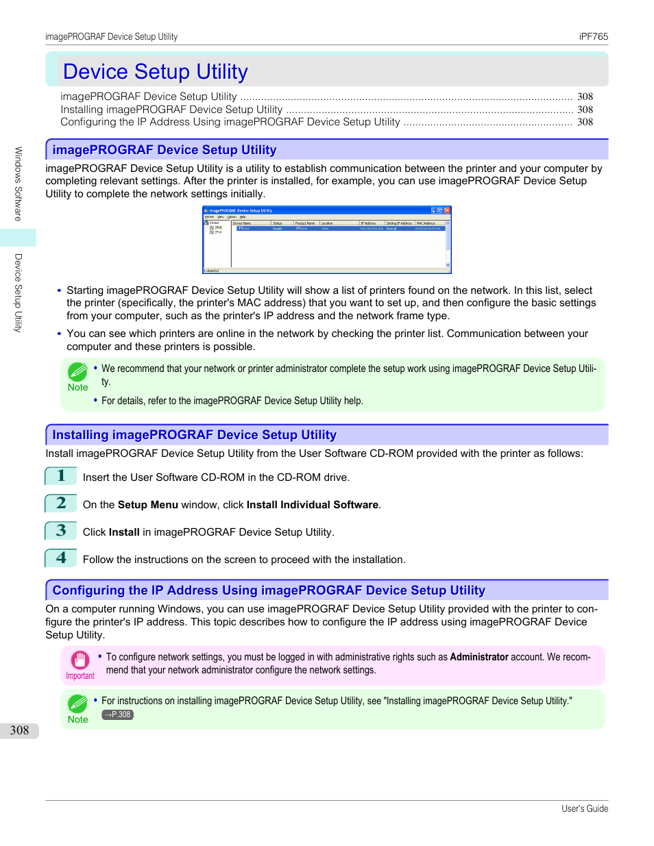 Device setup utility, Imageprograf device setup utility, Installing imageprograf device setup utility | Canon imagePROGRAF iPF765 MFP M40 User Manual | Page 308 / 740