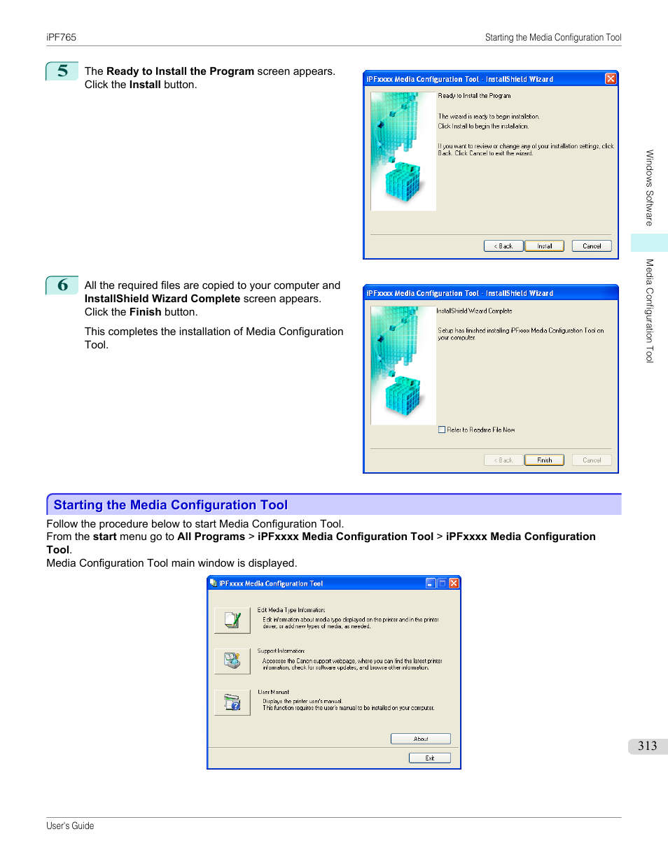 Starting the media configuration tool | Canon imagePROGRAF iPF765 MFP M40 User Manual | Page 313 / 740