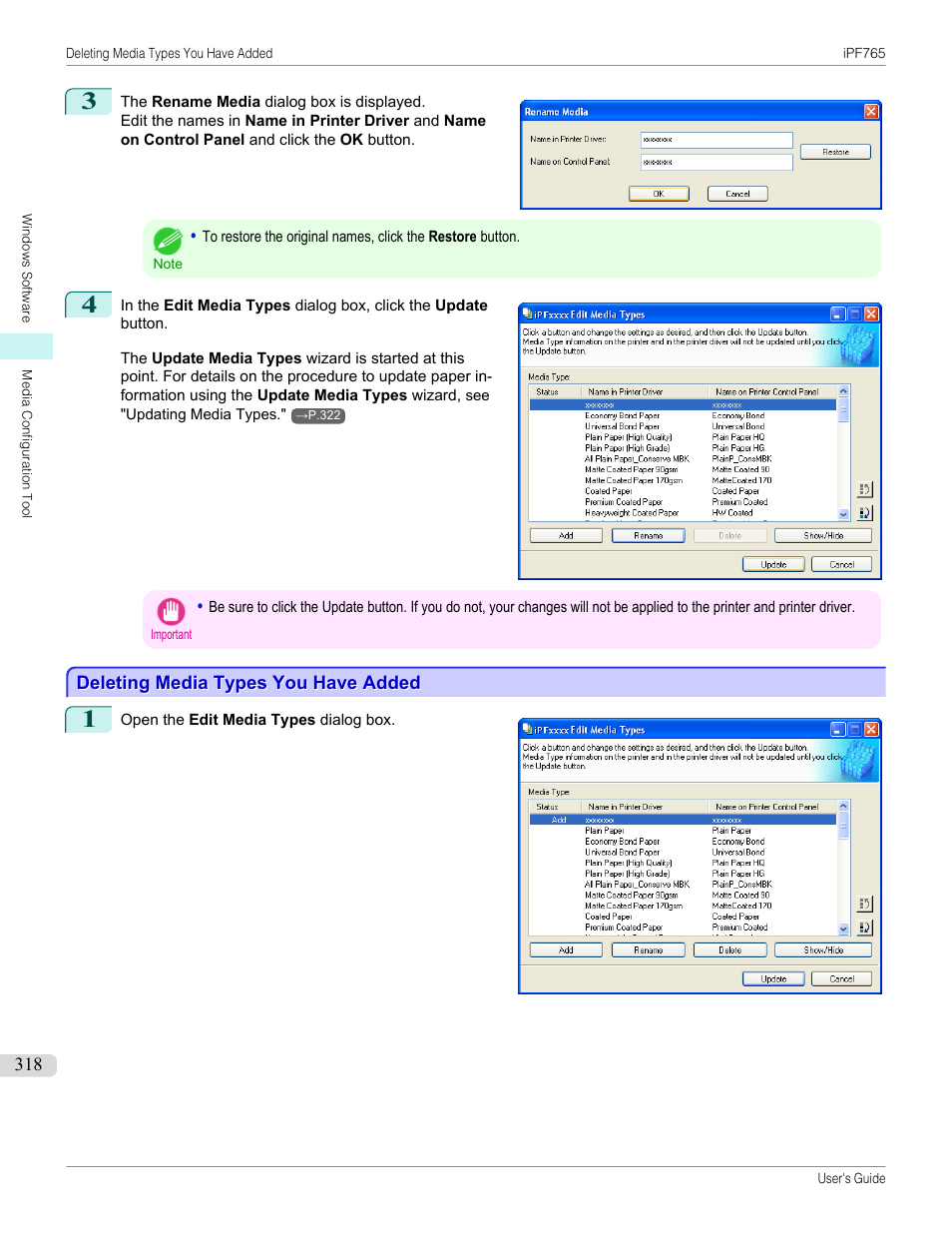 Deleting media types you have added, P.318 | Canon imagePROGRAF iPF765 MFP M40 User Manual | Page 318 / 740