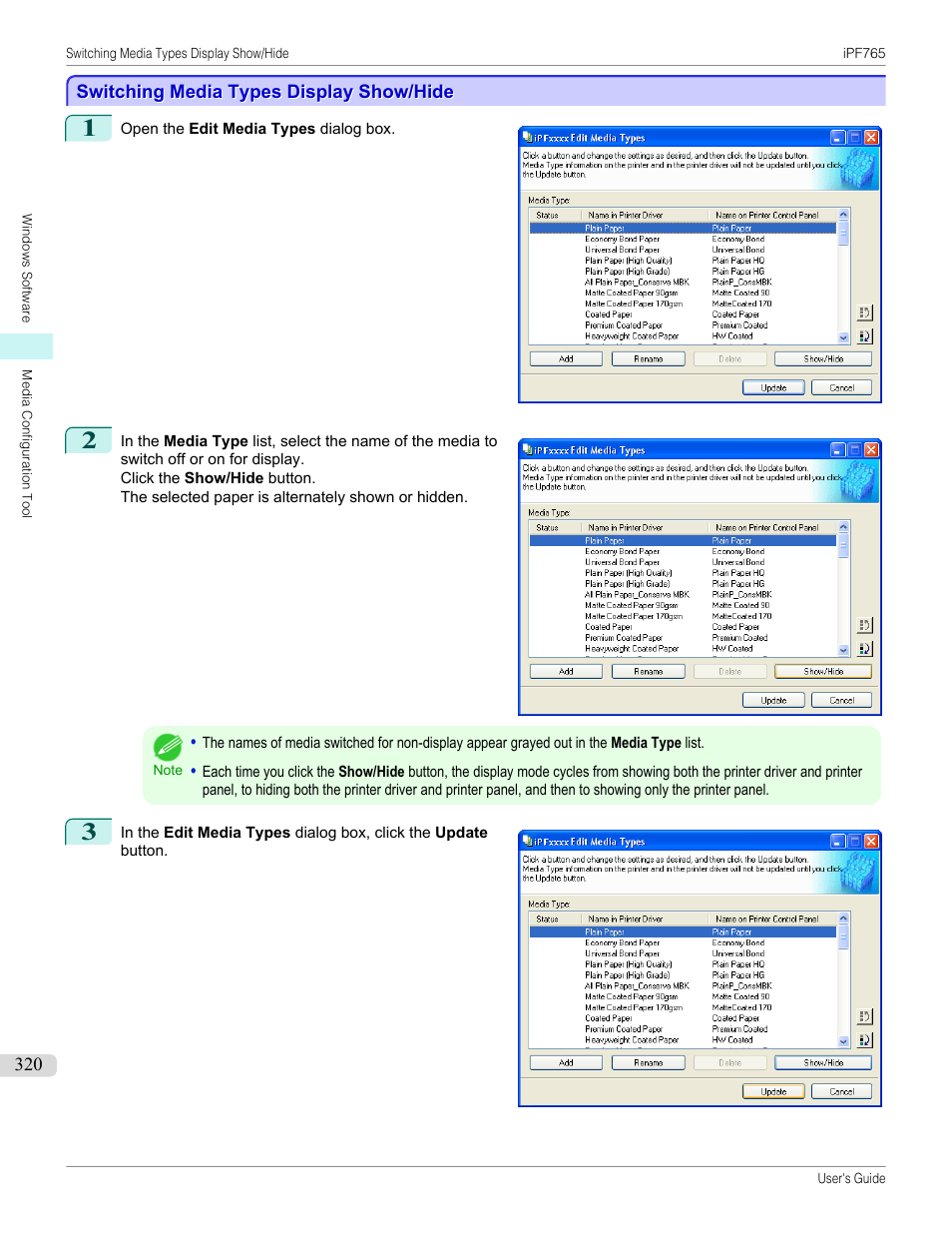 Switching media types display show/hide, P.320 | Canon imagePROGRAF iPF765 MFP M40 User Manual | Page 320 / 740