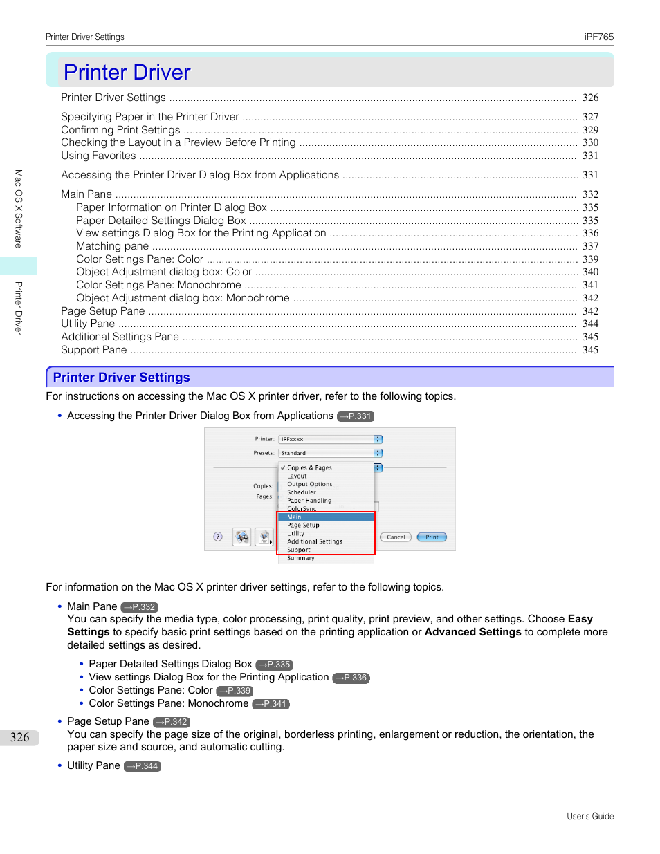 Printer driver, Printer driver settings, Printer driver settings(mac os x) | P.326 | Canon imagePROGRAF iPF765 MFP M40 User Manual | Page 326 / 740