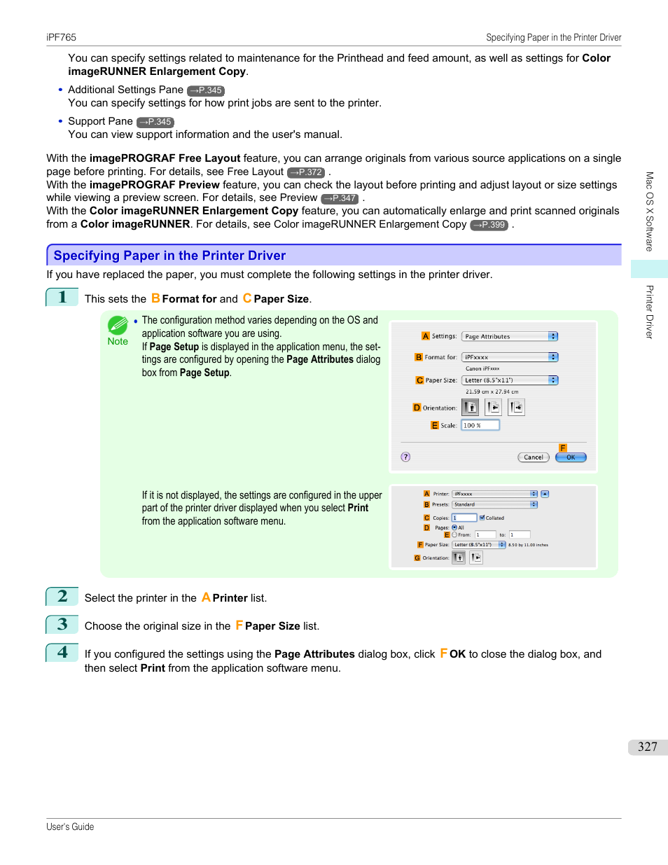 Specifying paper in the printer driver, Specifying paper in the printer driver(mac os x), P.327 | Canon imagePROGRAF iPF765 MFP M40 User Manual | Page 327 / 740