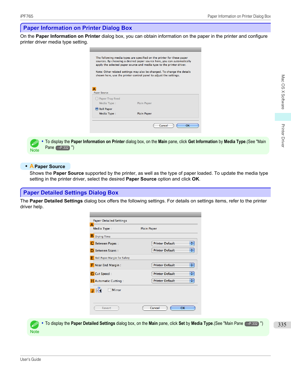 Paper information on printer dialog box, Paper detailed settings dialog box, P.335 | Canon imagePROGRAF iPF765 MFP M40 User Manual | Page 335 / 740