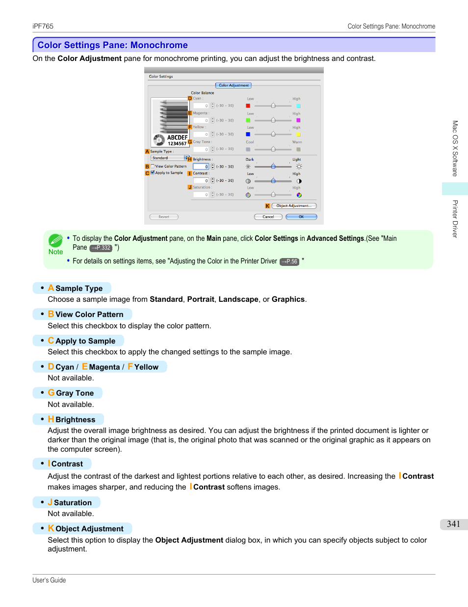 Color settings pane: monochrome, P.341 | Canon imagePROGRAF iPF765 MFP M40 User Manual | Page 341 / 740