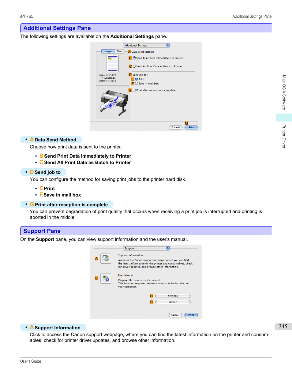 Additional settings pane, Support pane, Additional settings pane support pane | P.345 | Canon imagePROGRAF iPF765 MFP M40 User Manual | Page 345 / 740