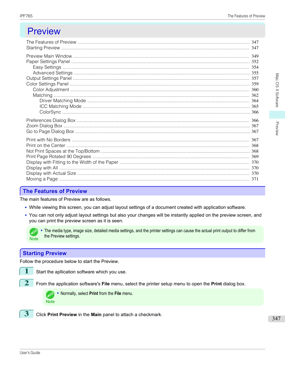 Preview, The features of preview, Starting preview | The features of preview starting preview, P.347 | Canon imagePROGRAF iPF765 MFP M40 User Manual | Page 347 / 740