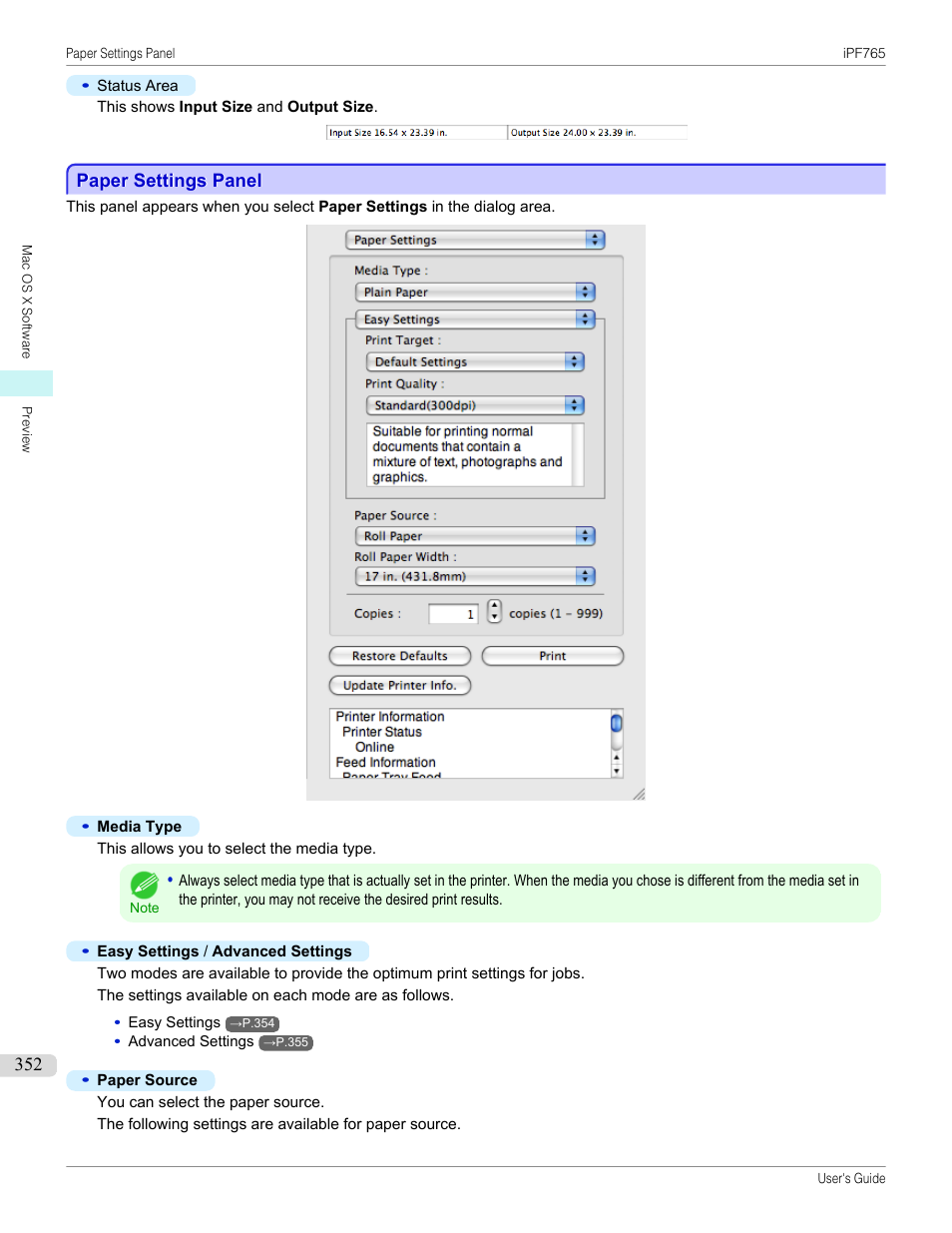 Paper settings panel | Canon imagePROGRAF iPF765 MFP M40 User Manual | Page 352 / 740