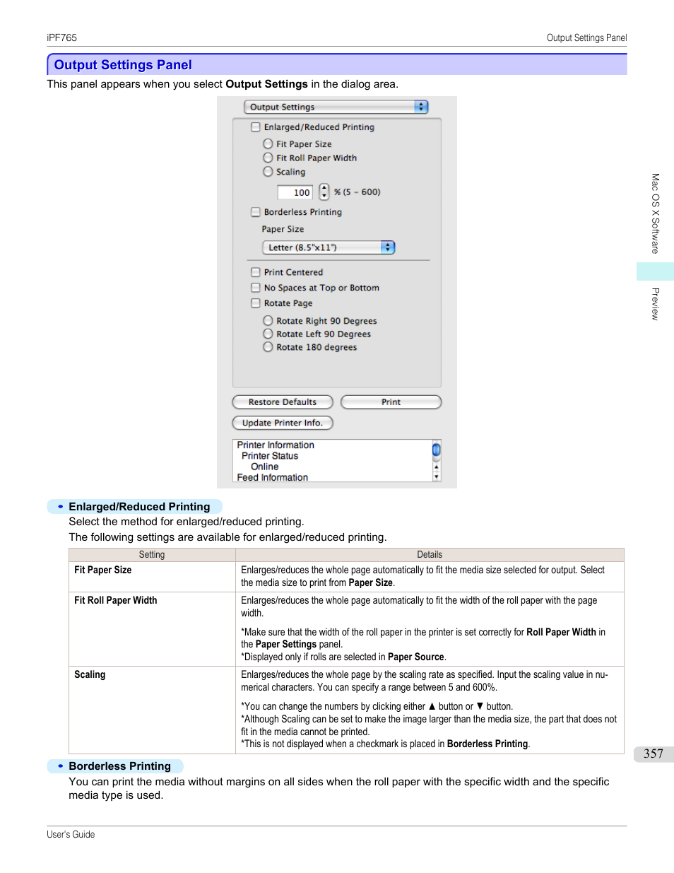 Output settings panel | Canon imagePROGRAF iPF765 MFP M40 User Manual | Page 357 / 740