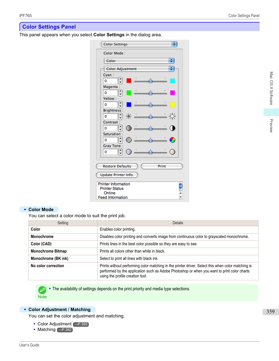 Color settings panel | Canon imagePROGRAF iPF765 MFP M40 User Manual | Page 359 / 740