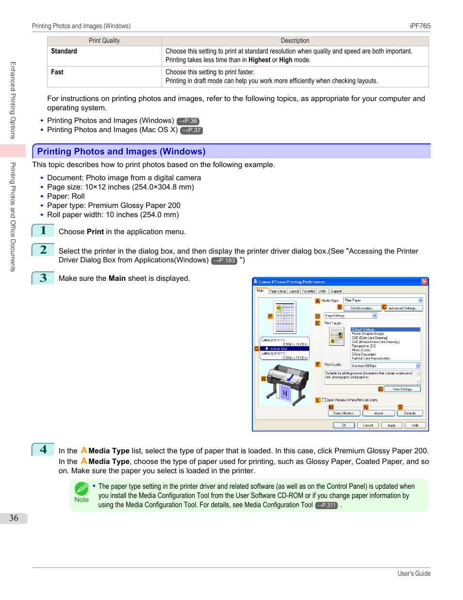Printing photos and images (windows) | Canon imagePROGRAF iPF765 MFP M40 User Manual | Page 36 / 740