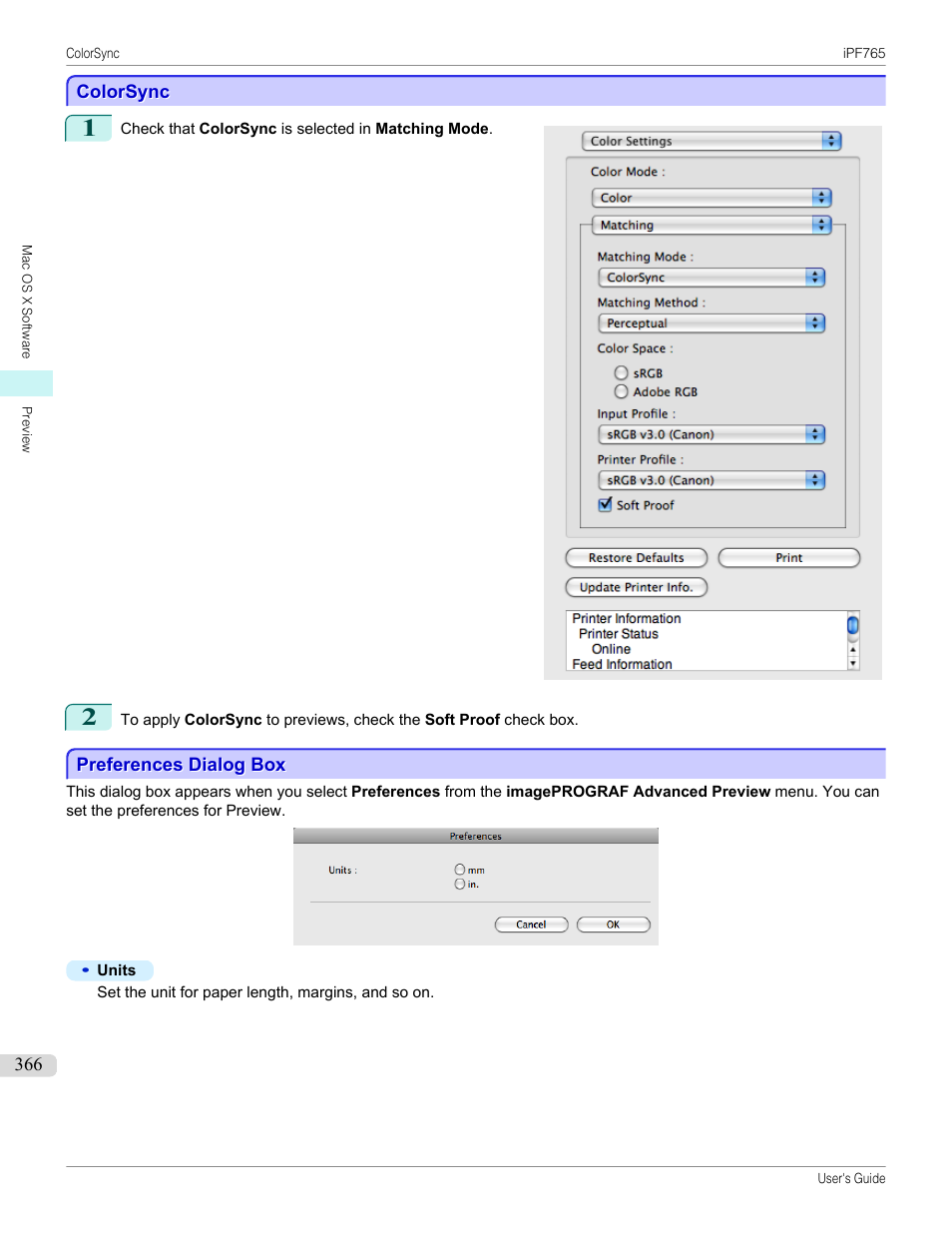 Colorsync, Preferences dialog box, P.366 | Canon imagePROGRAF iPF765 MFP M40 User Manual | Page 366 / 740