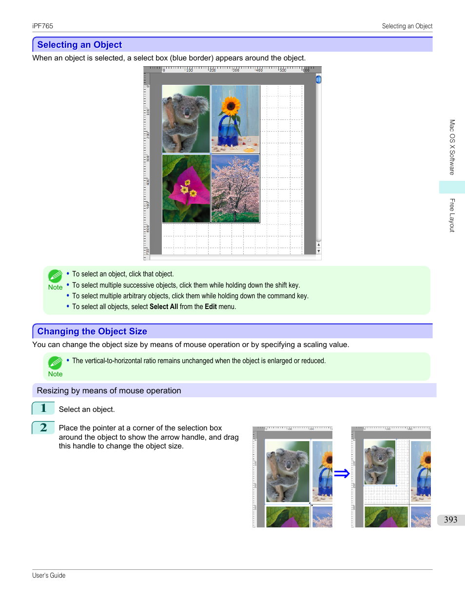 Selecting an object, Changing the object size, Selecting an object changing the object size | Canon imagePROGRAF iPF765 MFP M40 User Manual | Page 393 / 740