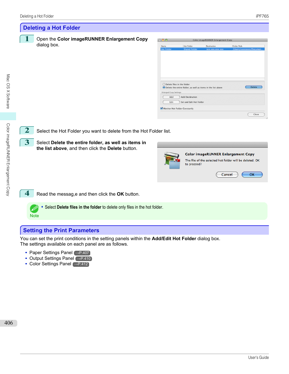Deleting a hot folder, Setting the print parameters, Deleting a hot folder setting the print parameters | Canon imagePROGRAF iPF765 MFP M40 User Manual | Page 406 / 740