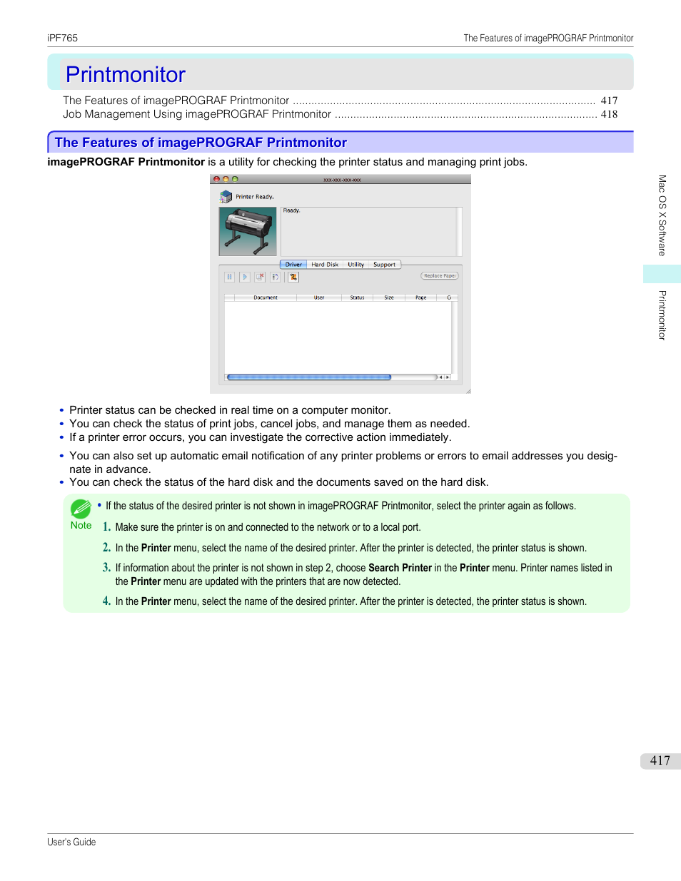 Printmonitor, The features of imageprograf printmonitor | Canon imagePROGRAF iPF765 MFP M40 User Manual | Page 417 / 740