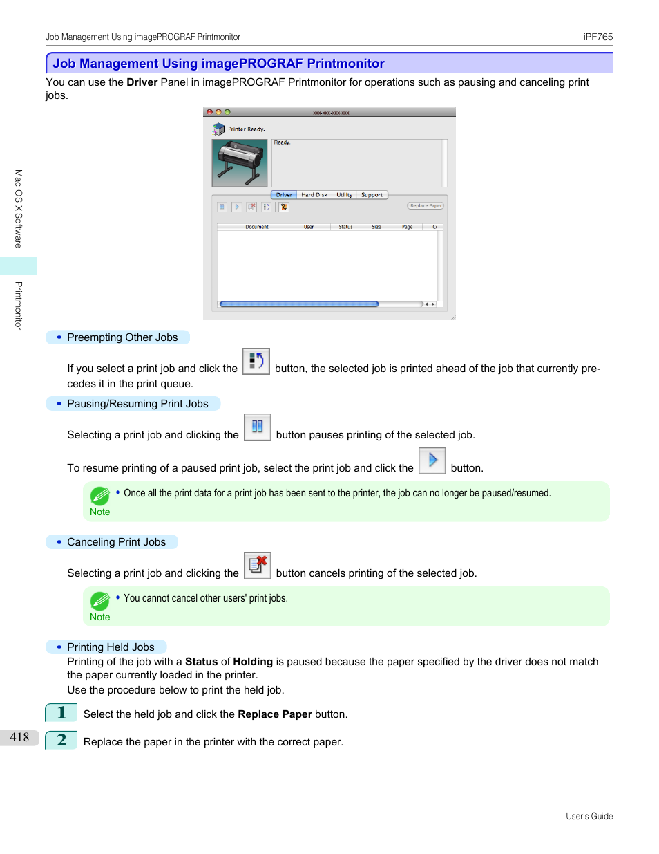Job management using imageprograf printmonitor | Canon imagePROGRAF iPF765 MFP M40 User Manual | Page 418 / 740