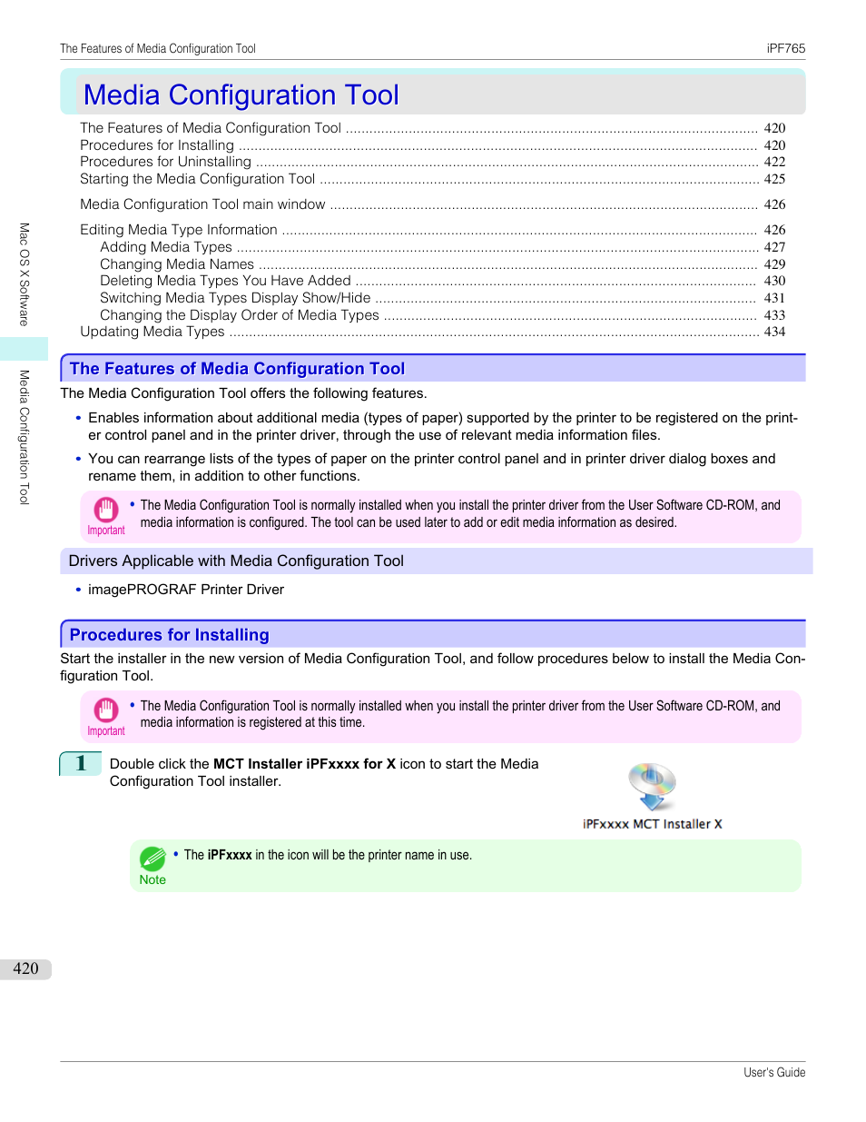 Media configuration tool, The features of media configuration tool, Procedures for installing | P.420 | Canon imagePROGRAF iPF765 MFP M40 User Manual | Page 420 / 740